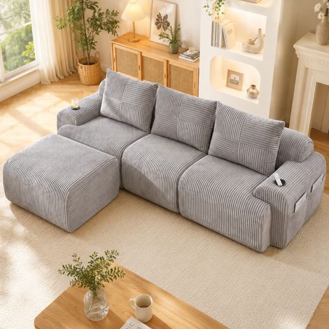 Sofá modular de pana para 3 personas (con otomanas), combinable a gusto, incluye portavasos y un bolsillo lateral de almacenamiento. (1/5)