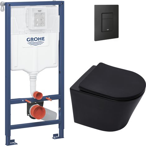 Grohe Marco de soporte Rapid SL + Inodoro SAT  sin brida negro mate + Asiento con cierre suave + Placa negro mate (RapidSL-Blac