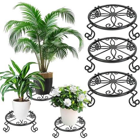 Set di 3 supporti per piante in metallo. Piedini per vasi in ferro nero antiruggine. Modello con angoli piatti, adatto sia per interni che per esterni. Robusto e decorativo. (1/5)