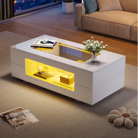 Table basse en panneau de particules et verre trempé 100 x 50 x 35 cm blanche avec LED et 2 niveaux (1/5)