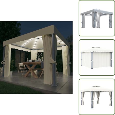 Pavillon mit Vorhängen & LED-Lichterkette 3x3 m Cremeweiß - Gartenpavillon - Pavillon - Outdoor Möbel - Sonnenschutz - Gartendekoration