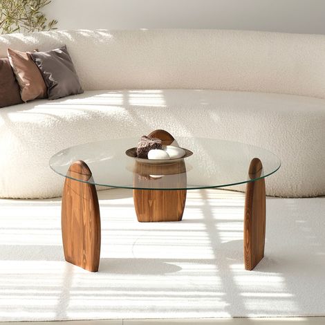Table basse 90x90x41 cm en verre et bois massif naturel - FURA (1/5)
