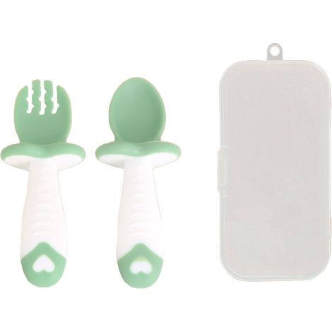 2 pièces cuillère-fourchette, silicone alimentaire, poignée ergonomique, boîte de rangement incluse, pour bébé (1/5)