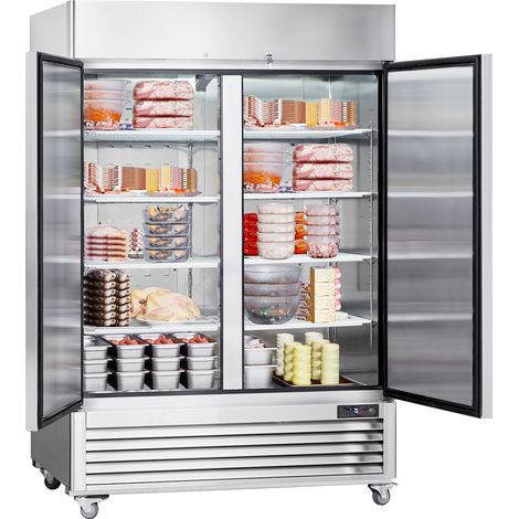 Mophorn Gewerbe-Gefrierschrank 38,83 Kubikfuß, Gefrierschrank mit 2 Türen. Edelstahl, automatische Abtauung, 6 verstellbare Ablagen. Temperaturregelung von -13 bis 5℉, 4 Räder für Mobilität.
