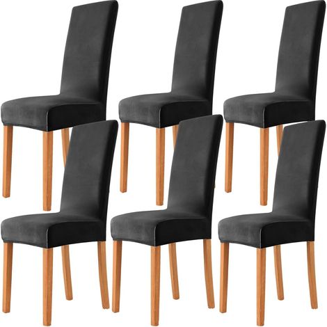 Housse de chaise en velours extensible 6 pièces, universelle, pour salle à manger, cuisine, salon, douce et confortable, noire (1/5)