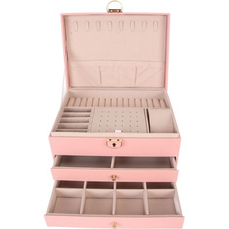 Boîte à Bijoux Rose avec 2 Tiroirs - Organisateur de Collier et Boucles d'Oreilles pour Femme - Coffret Rangement Simili Cuir (1/5)