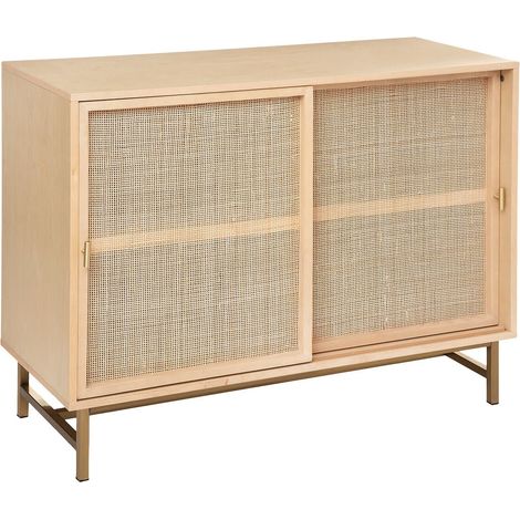 Atmosphera – Buffet 2 portes Rayo cannage rotin 100x79cm – 2 portes coulissantes – 4 cases spacieuses – Pieds en métal doré contemporain (1/7)