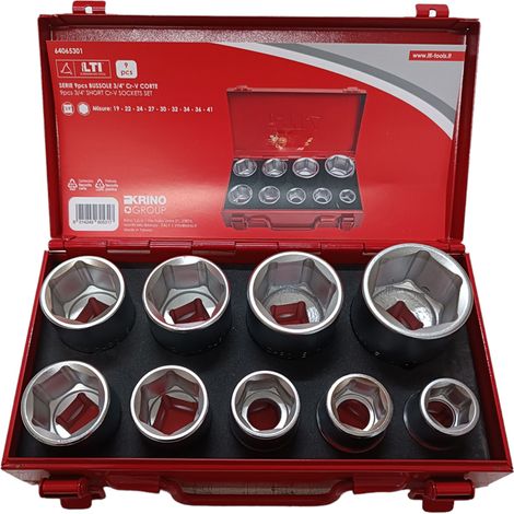 SET 9 PZ BUSSOLE CROMATE ATTACCO 3/4" CAVE ESAGONALI MIS. 19-41 Cr-V LTI KRINO
