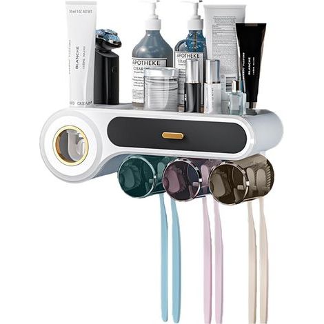 JSSEVN - Toothbrush holder, wall-mounted toothbrush holder, with automatic toothpaste dispenser, cup, toothbrush slots (3 cups) (1/5)