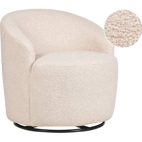 Sillón respaldo curvo glamour art deco bouclé vellón base negra giratoria 360° beige Davik