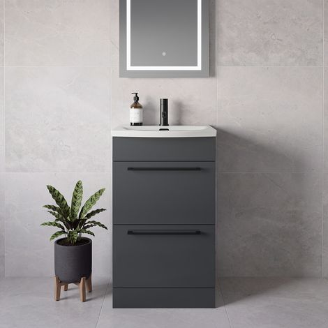 Napoli 390 Gloss Grey 500mm 2 Drawer Vanity Unit with Arc Basin - 500mm - Matt Black 320mm Handle