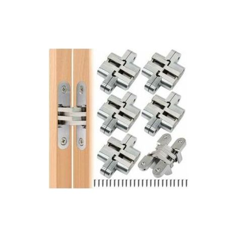 Lot de 6 charnières cachées en acier nickelé – Installation facile avec tournevis – Angle d'ouverture 180° – Pour portes et armoires (1/5)