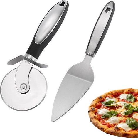 Set di 2 coltelli per pizza in acciaio inox, taglia pizza, spatola per pizza, taglia pizza multifunzionale, dispositivo per appendere, manico comodo per R (1/5)