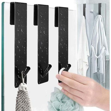 3 Pièces Crochet Douche Acier Inoxydable, Crochet de Porte en Verre avec Mousse Protection, Crochet Douche Sans Percage, Crochet Douche Salle Bain, Crochet Douche pour Verre Porte(Noir)