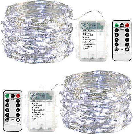 Guirnalda de luces LED a pilas de 10 m y 100 LED, impermeable, para exteriores, decorativa, con mando a distancia, temporizador y regulable (blanco)