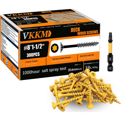 Tornillos para madera amarillos, 300 unidades n.° 8 x 1-1/2", para carpintería, balcón o jardín, fáciles de instalar, ideales para aficionados. (1/5)