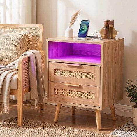 Rattan wood nightstand with led 2 drawers usb ports 227458865 227458865 (1/4)