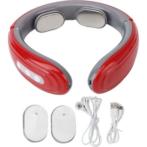 Masseur cervical sans fil 6 modes 9 intensités - Rechargeable avec patches TENS - Rouge - Soulagement efficace (1/4)