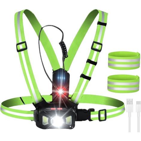 Lauflicht mit Reflektoren. Brustlicht mit reflektierendem Streifen. USB-aufladbar, ideal zum Joggen. Verstellbarer Leuchtwinkel. Wasserdichtes Lauflicht (IPX65) zum Joggen.