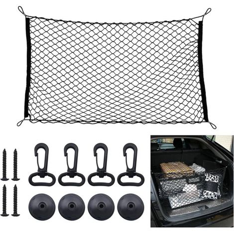 Filet de rangement pour coffre de voiture 110 x 60 cm - Élastique avec 4 crochets - Compatible avec la plupart des voitures (1/4)