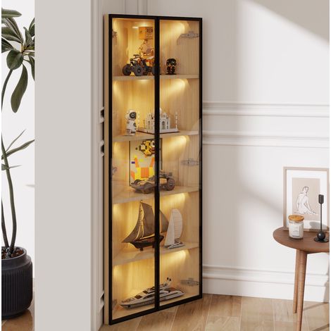 Vitrine d'angle 62/35/160 cm aspect chêne avec LED et verre trempé (1/5)