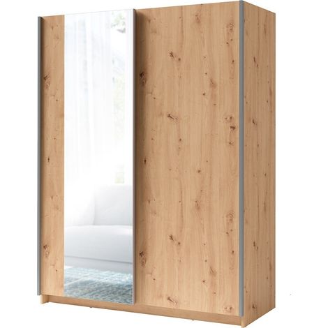 Schwebetürenschrank mit Spiegel - Kollektion GOZU - Farbe Handwerker-Eiche - 150 x 198 x 62 cm