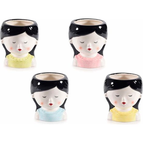 Vasetti / contenitori / organizer / portatrucchi decorativi in ceramica colorata a volto di ragazza, set da 4 pezzi, cm 10 x 9,5 x 11,5 H