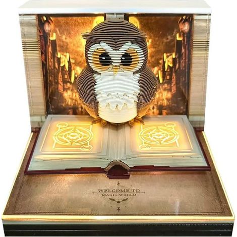 Calendrier horloge 3D 2026 hibou – 8,5x8,5x6,8 cm – Art papier découpé – Bureau, décoration (1/5)