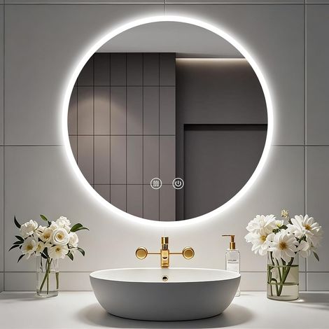 Miroir Salle de Bain avec Éclairage 70cm, Miroir Mural Rond LED Anti-Buée, Dimmable à 3 Couleurs de Lumière, Miroir de Maquillage Réglable avec Éclairage,HD Verre Trempé (1/5)