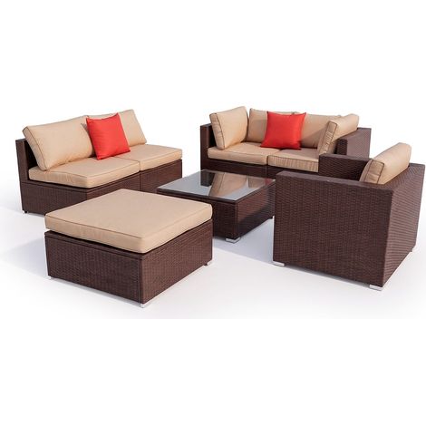 Conjunto de Exterior Karl en Ratan PE, 7 piezas. Muebles de Jardin y Terraza, 256, Ratan Marron