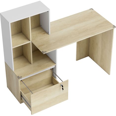 Scrivania con Libreria 126x50x109 cm Cassetto A4 Serratura e 2 Chiavi Bianco e Rovere (1/5)