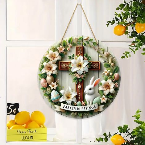 Guirlande De Pâques - Guirlande En Bois Avec Lapin Et Fleurs - Décoration De Porte D'Entrée Pour Printemps - 22 Cm - 1 Pièce (1/5)