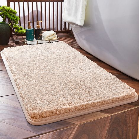 Felpudo de baño sencillo, absorbente y antideslizante con estampado de cuadrícula, fabricado con fibras gruesas (beige grueso, sin etiqueta, 40 x 60 cm). (1/5)