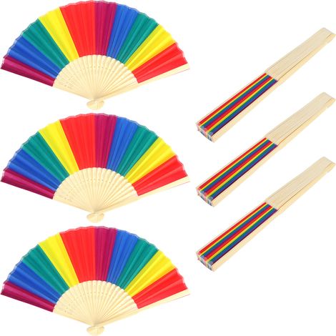 6Pcs 21CM Retro Style Handheld Fan Bamboo Frame Rainbow Folding Fan for Decoration (1/5)