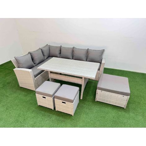 Fimous 9 Seater Rattan Garden Furniture Set Outdoor Patio Dining Corner Sofa Sets with Dining Table 3 Footstools Light Grey Mixed (1/5)