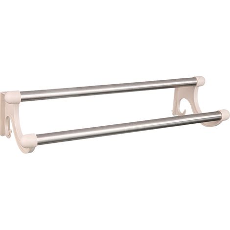 Porte-serviettes double en plastique et acier inoxydable pour salle de bain, fixation murale, couleur beige. (1/5)