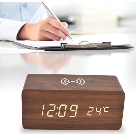 Réveil Digital Intelligent avec Charge Sans Fil, Détection Automatique de Température et Alarme Triple pour Chambre Modèle LED PVC (16.1cm, Rouge) (1/5)