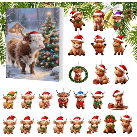 Vache de l'Avent 2025 Calendrier de compte à rebours 2D en acrylique 2D Ornement mignon – Pour et adultes – Fête de famille Arbre Voiture Rétroviseur (1/5)
