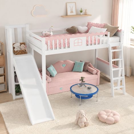 DESMIU Lit Mezzanine Lit Simple 1 Place avec Toboggan, LED et 3 Étagères 90 × 200 cm, Sans Matelas, Blanc (1/5)