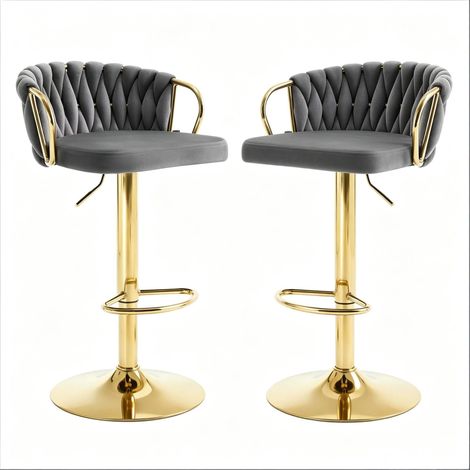 Lot de 2 tabourets de bar rembourrés en velours gris foncé, hauteur réglable 77-98 cm (1/5)