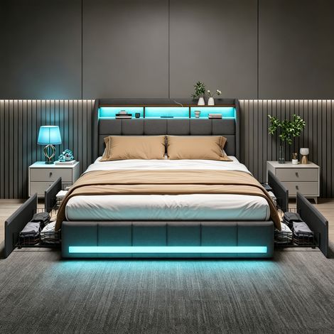 Lit 140x200 avec tiroirs,lit double capitonné,lit adulte,avec sommier à lattes,LED réglable,USB+tpcy,4 tiroirs,tissu en lin,Gris (1/5)