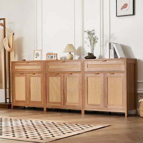 VEVOR Rattan Cabinet, Set of 3, Rattan Storage Cabinet with 6 Magnetic Doors and 3 Drawers, Sideboard Buffet Cabinet with Adjustable Shelves, for Hallway, Entryway, Living Room, or Kitchen, Natural (1/5)
