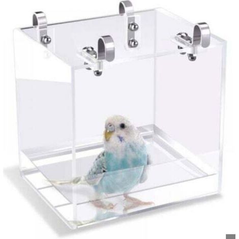 1 Baignoire pour oiseaux, crochet suspension, acrylique transparent, 13x11x13cm, perroquets canaris (1/4)