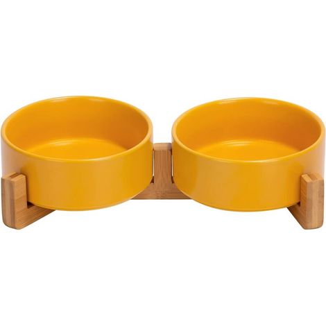 Juego de 2 comederos ortopédicos dobles para gatos con base de madera antideslizante, cerámica, 13 cm, amarillo