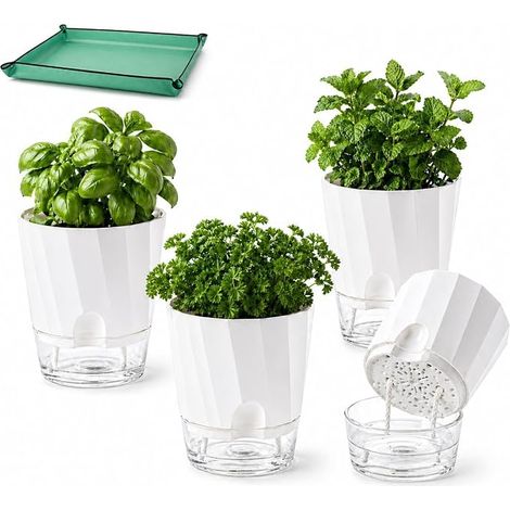 Lot de 4 pots de fleurs à arrosage automatique – 15,3 cm à double paroi en plastique polypropylène pour l'intérieur, balcon, cuisine, rebord de fenêtre, avec tapis de (1/5)