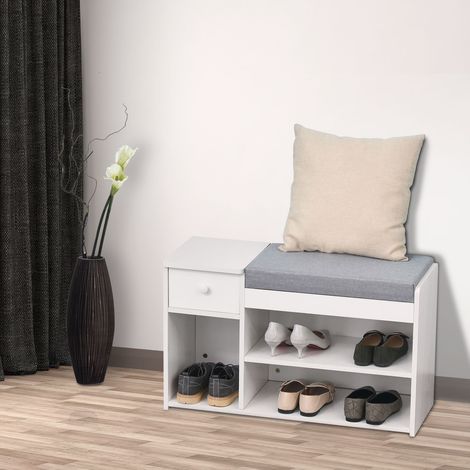 Banco zapatero con cojín, cajón y 3 compartimentos abiertos, mueble de entrada de madera de 81x31,5x49 cm, blanco. (1/5)