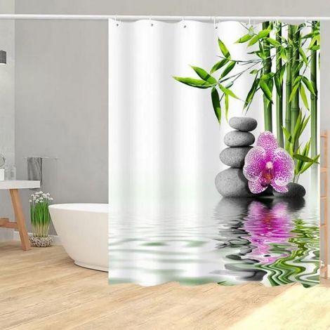 Rideau de douche - Zen bambou lac galets et fleur - anneaux inclus - Polyester - imperméable -180 x 200 cm (1/5)