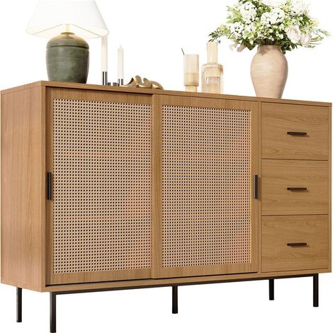 Sideboard 140×91×37 cm country style buffet with sliding doors and 3 drawers, large storage unit (1/5)