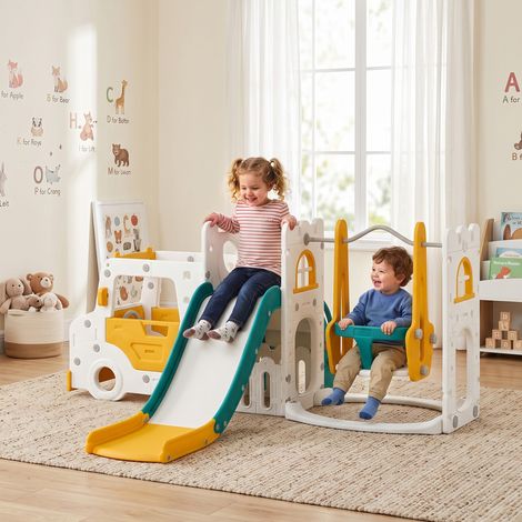 Ensemble Toboggan et Balançoire 7 en 1 pour Enfants, Aire de Jeux Intérieure, Thème Voiture, pour 1-4 Ans, Blanc (1/5)