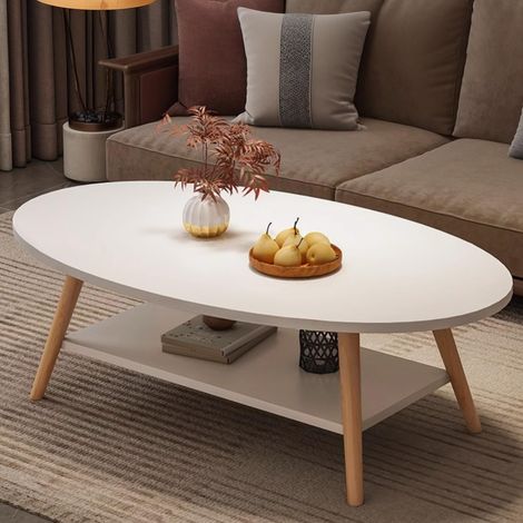 Table basse double couche en bois blanc, table de salon ovale, pieds de table en bois de pin, tables basses 100 x 50 x 40 cm (1/5)